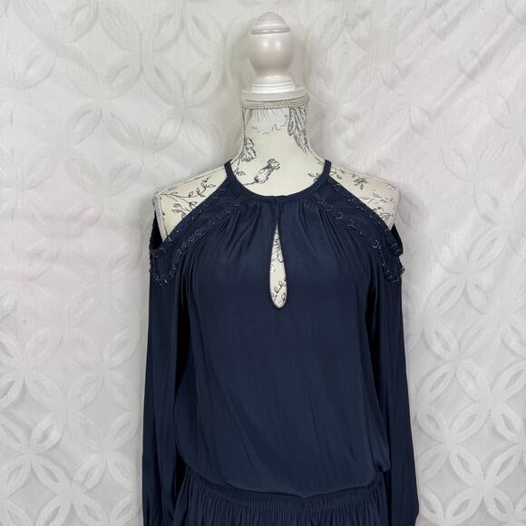 Ramy Brook Cold Shoulder Navy Blouson Satin Mini Dress Size XS - Picture 3 of 10